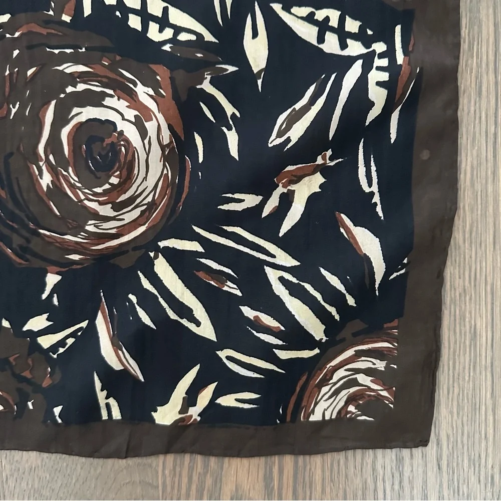 Lisa Corti Floral Abstract Printed 100% Silk Scarf Brown, Black, Cream 32.5